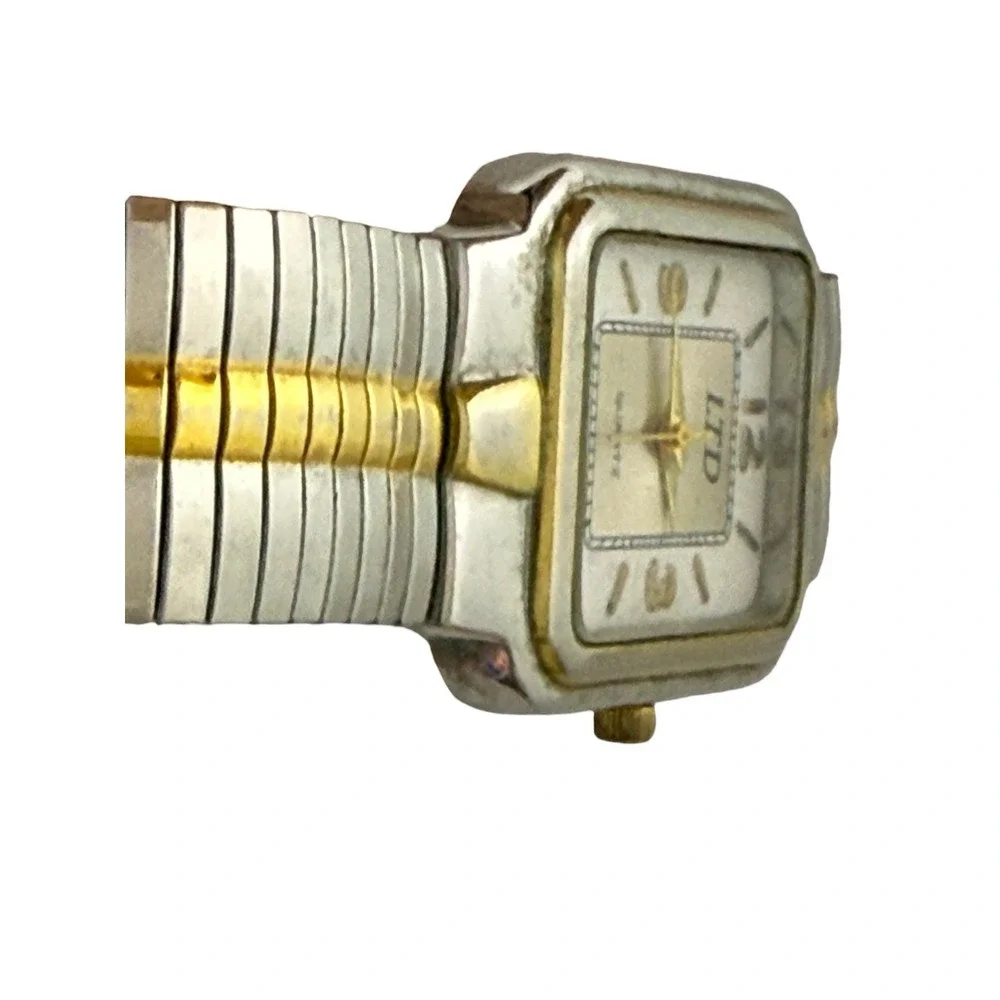 LTD Quartz Womens Watch Gold Silver Tone Stretch Band Second Hand Rectangle Face